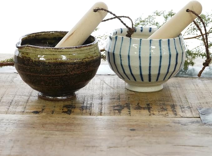 Traditional Japanese Mini Sesame Seed Grinder with Pestle - Mino Takada-yaki Ceramic - Deep Amber - Ideal for Dressings and Sauces (Indigo Stripe)