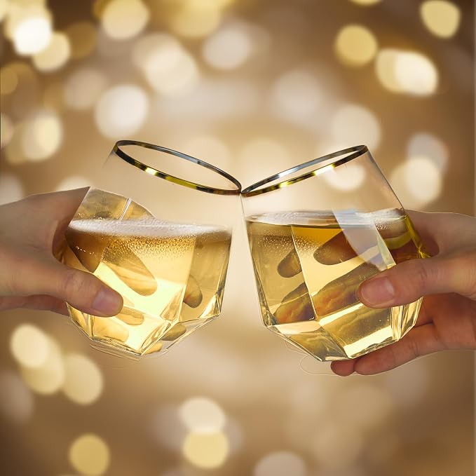 Goodluck 80PCS 12oz Diamond Stemless Plastic Wine Whiskey Glasses,Gold Rim | Disposable Cocktail Glasses, Suitable for Weddings, Birthday Parties, Family Gatherings, Bars, etc