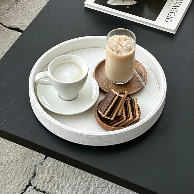 HofferRuffer Faux Leather Round Serving Tray, Vegan Croco Leather Decorative Food Tray for Storage Drinks, Snack & Cosmetics, Dia.12'' x 1.6'' (White Croco, 12'')