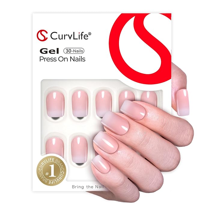CurvLife Short Square Press On Nails, Nude Ombre Gradient Pink, Soft Gel | 32PCS, 16 Sizes, Salon-Quality Natural Fake Nails, Curved Fit, 7-14 Day Glue-On Wear, Reusable Stick-On Nails, Press-On Kit