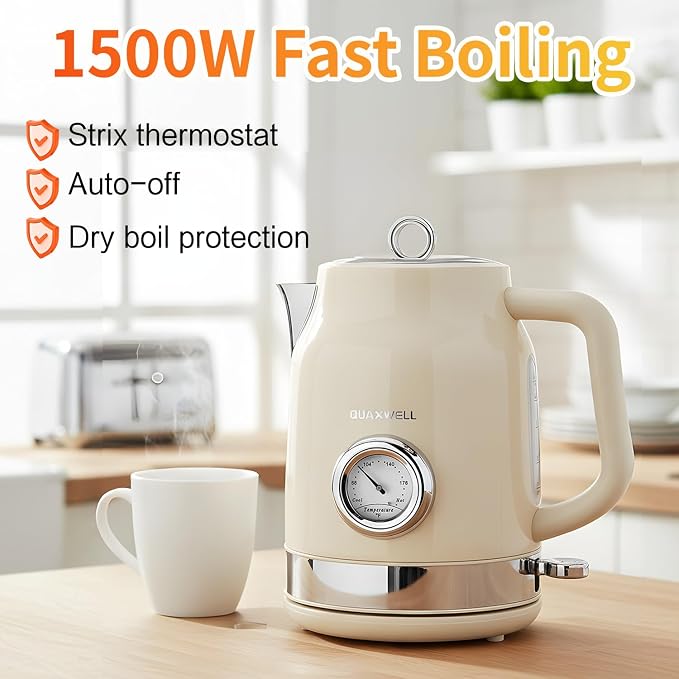 Retro Electric Kettle, 1.7L, 304 Stainless Steel, Beige | Temperature Gauge, 1500W Fast Boiling, Auto Shut-Off & Boil-Dry Protection, BPA-Free,Vintage water kettle, Cream Color