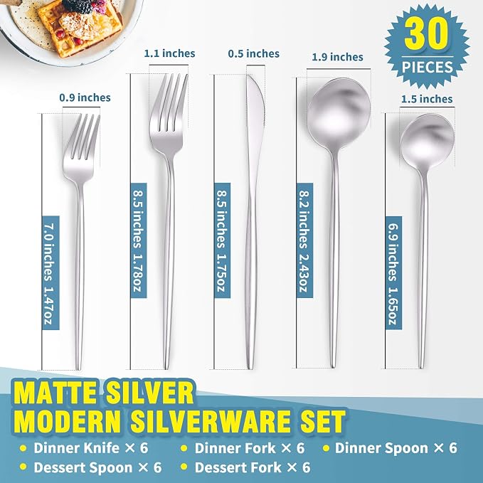 Matte Silverware Set for 6,Modern Stainless Steel Brushed Cutlery Set,30-Pieces Heavy Duty Flatware Set,Knives Spoons and Forks Set Utensils Set, Satin Finish, Dishwasher Safe