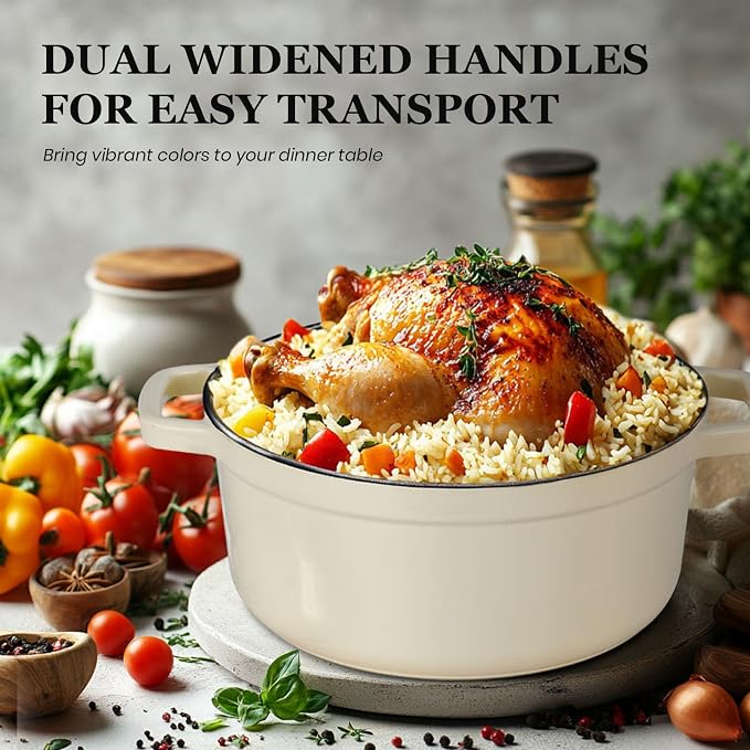 Overmont Enameled Cast Iron Dutch Oven - 5QT Pot with Lid Recipe Potholders | Pre-Seasoned Dutch Oven with Moisture-Sealing Lid, Oven Safe to 500°F, Heavy-Duty Cookware for Braising Stews Roasting Baking