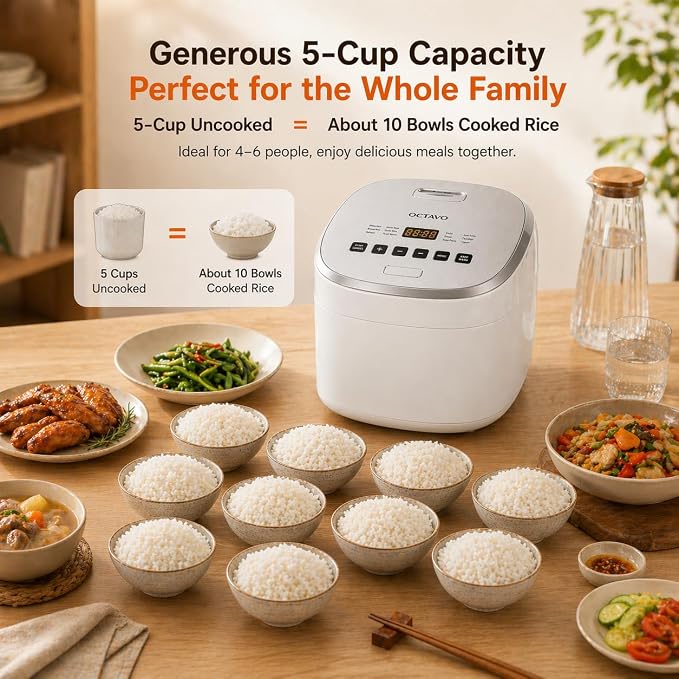 OCTAVO Low Carb Rice Cooker, 5-Cup Uncooked Stainless Steel Inner Pot, Low Sugar Rice Maker with 24H Timer and Auto Keep Warm, Small Rice Maker LED Display, White Rice/Brown Rice/Grains/Oatmeal