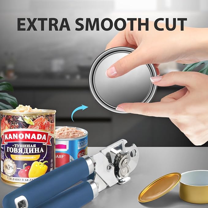 Safring Can Opener Manual, Heavy Duty Handheld Strong Can Opener with Soft Touch Handle, Sharp Blade Smooth Edge, Can Openers with Multifunctional Bottle Opener, Blue