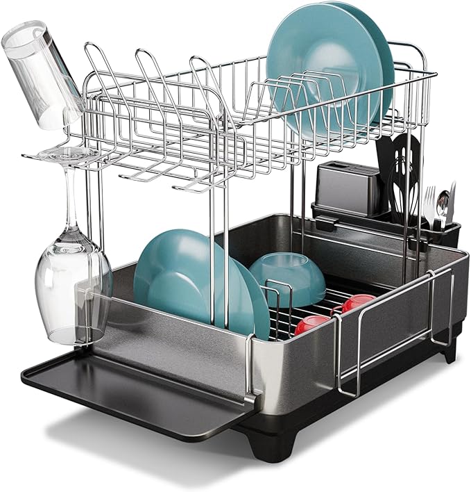 Home Zone Living Dish Drying Rack for Kitchen Counter with 2-Tiers | Stainless Steel with Drip Tray, Extendable Water Drainage Pipe, and Holders for Utensils, Wine Glasses and Cutting Board