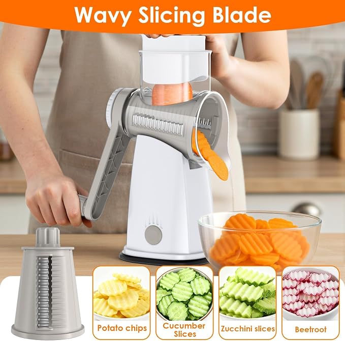 MealHelper 5 Blade Rotary Cheese Grater and Vegetable Chopper with Storage Box and Hand Crank, Compact Shredder for Cheeses, Veggies, Nuts - Easy to Use, Non-slip Suction Base,White