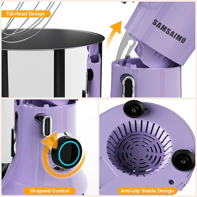 Stand Mixer, 6.5QT Tilt-Head Electric Kitchen Mixer, 10-Speed Household food mixer with 309 Stainless Steel Bowl, Dough Hook, Whisk & Beater, Splash Guard, Ideal for Baking Bread, Cake & Whipping