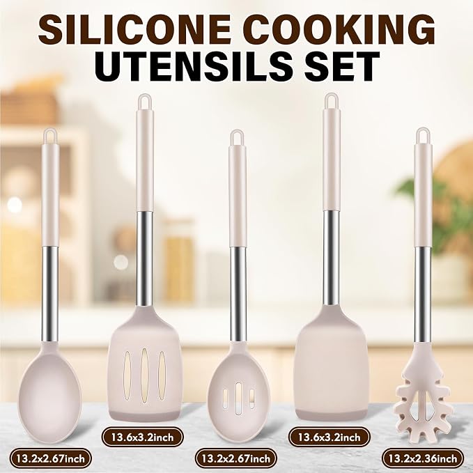 5Pcs Silicone Cooking Utensils Set, Heat Resistant Kitchen Tools Include Solid&Slotted Spatula, Cooking Spoon and Pasta Server, Silicone Kitchen Utensils set for Nonstick Cookware Flipping, Khaki