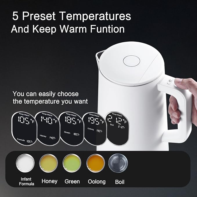 1.5L Electric Kettle Temperature Control, Porcelain White | Double Wall Cool Touch Teapot, Fast Boil, 5 Temperature Control, LED Display, Auto Shut-Off & Keep Warm
