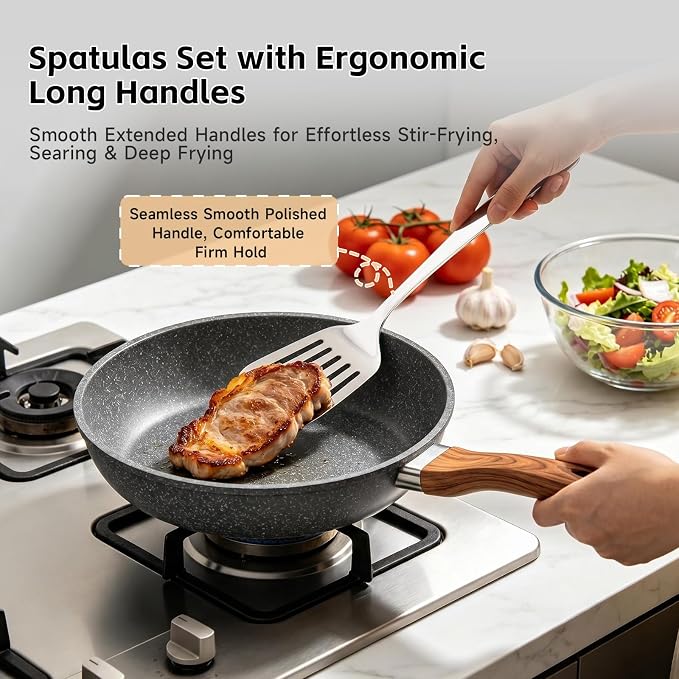 2PCS Stainless Steel Spatula, Solid & Slotted Metal Turner for Kitchen Use | Hanucci Heat Resistant, Dishwasher Safe,Heavy Duty Metal Spatula for Flipping Fish Eggs Pancakes, Everyday Kitchen Cooking