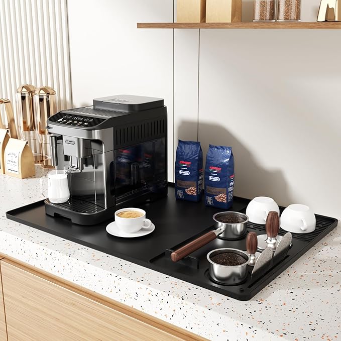 Silicone Coffee Mat 24''x16'',Fits Under Coffee Maker | Detachable Dish Drying Mat& Built-in Tamper Storage – Fits Espresso Machine, Dish Rack