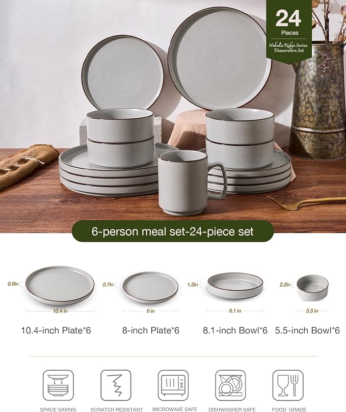 Famiware Nebula Ridge 24-Piece Dinnerware Set with Pasta Bowls, Light Gray | Stoneware Plates and Bowls for 6, Warm Hand-Painted Rims, Microwave and Dishwasher Safe