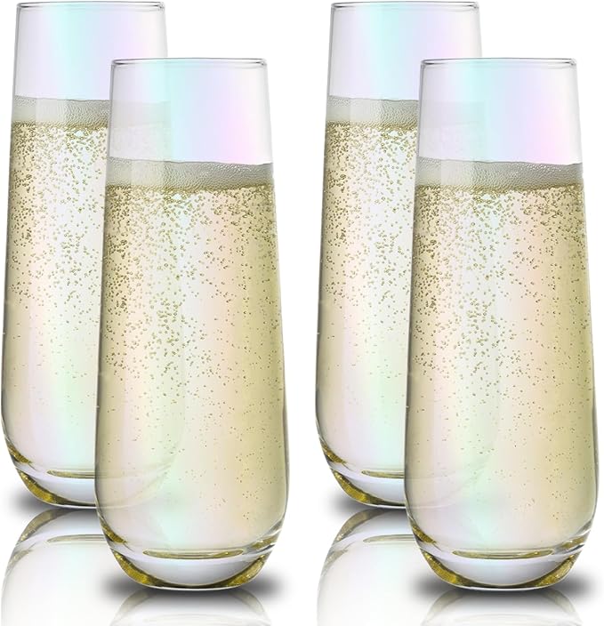 10oz Stemless Champagne Flutes, Iridescent Champagne Glasses, 4 PCS | Clear Crystal Glass Cups, Dishwasher Safe Wine Glasses Set for Champagne Cocktail Juice, Unique Gifts for Wine Enthusiasts