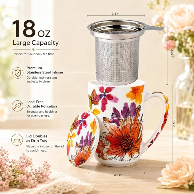 GBhome Tea Mug with Infuser and Lid,18 Ounce Ceramic Loose Leaf Cup Steeper | Lead-Free Glaze For Tea Lovers,Microwave & Dishwasher Safe with Tea Strainer