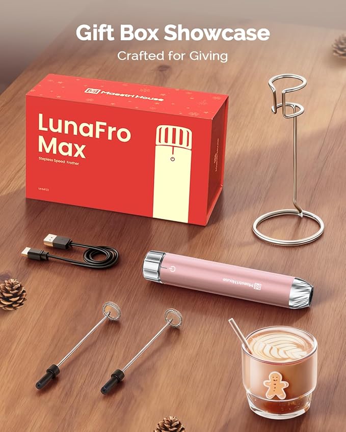 Maestri House LunaFro Max Rechargeable Milk Frother,Stepless Speed Control | 2000mAh lithium battery Frother Handheld, IPX6 Electric Drink Mixer with Stand & 2 Detachable Whisks for Lattes, Cappuccino