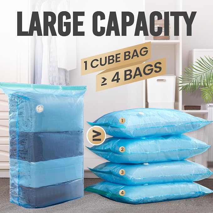 TAILI Vacuum Storage Bags 4 Pack, Jumbo Cube (31x40x15 Inch), Blue | Extra Large Vacuum Seal Bags for Clothing, Beddings Comforters, Blankets, Pillows, No Pump Compression Cube