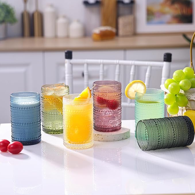Moretoes Colored 12 Oz Hobnail Drinking Glasses Set of 6,Water Glass Cups | Highball Glasses Embossed Boho Kitchen Bar Tumbler Glassware Set for Whiskey, Beer, Juice, Milk and Various Mixed Drinks