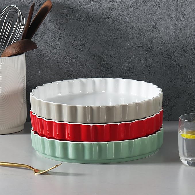 Quiche Baking Dish,Ceramic Pie Pan 11 Inch Reusable,Pizza Pan，Non-Stick Round Tart Pan with Ruffled Edge Microwave Dishwasher and Oven Safe (GREY)