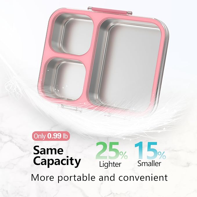 HOMEKOL Stainless Steel Bento Lunch Box 3-Compartment, 4.2Cups, Pink | Leak-Proof Metal Lunch Container for Kids & Adults, BPA-Free, Dishwasher Safe, Clear Tritan Lid, 1000ml (Not Insulated)