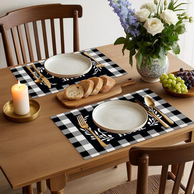 Black and White Linen Placemats Set of 4 for Kitchen Table placemats Decor | Modern Minimalist Table Mats for Home Party Kitchen Dining Table Decor for Christmas Halloween Dining Table, Party placemats