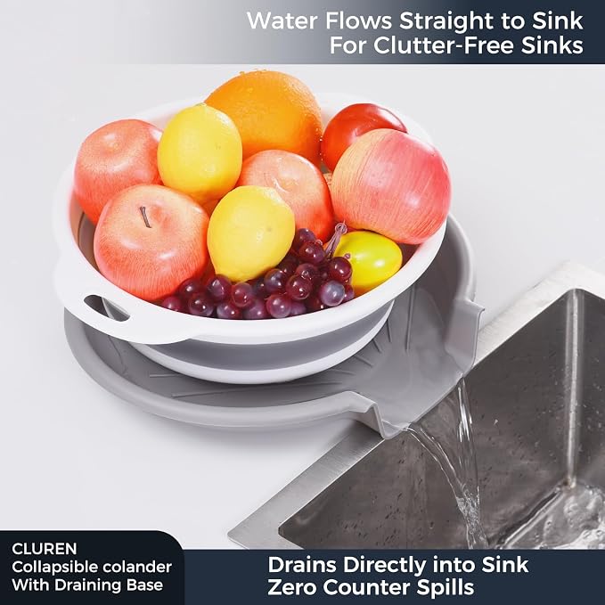Collapsible Colander Set with Oversized Draining Tray | 3-Pack Foldable Kitchen Strainers + Base | Space Saving for Pasta, Veggies, Fruit & Rice | 5 Colors (Gray-White)