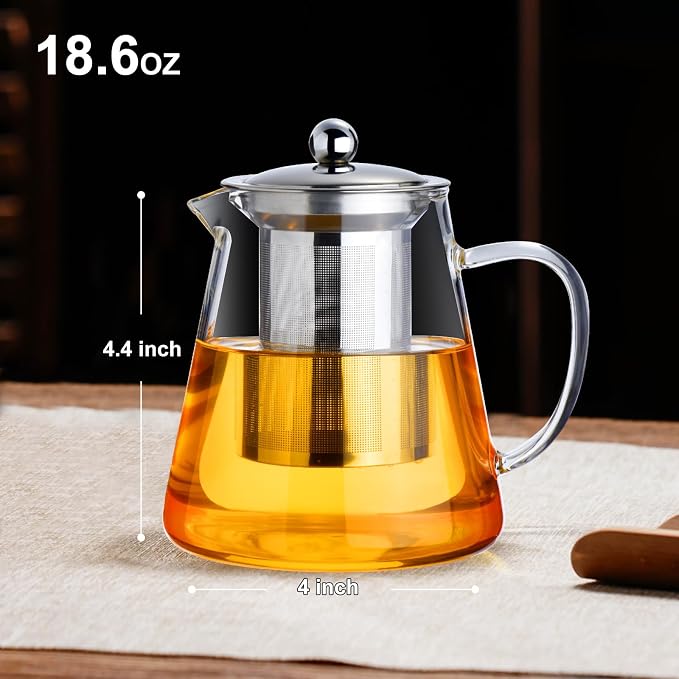 Baalaka Glass Teapot 18.6oz/550ml, Tea Pot with Removable Infusers for Loose Tea, Borosilicate Glass Tea Kettle Tea Maker Stovetop for Camping, Tea Infuser for Loose Leaf Tea Travel (Pack of 2)