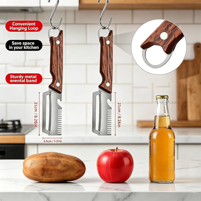 2-Pack Multifunctional Vegetable Peeler, 3 in 1 Kitchen Peeler with Wooden Handle, Bottle Opener & Storage Hanging Hole, for Fruits and Vegetables
