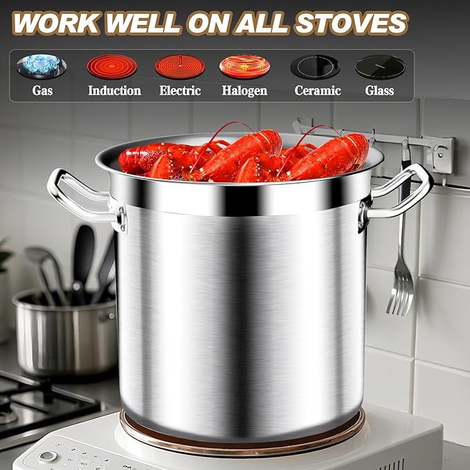 20Qt Brushed Stainless Steel Stock Pot With Lid - Large Stock Pot - Heavy Duty Induction Commercial Grade Stockpots for Soup, Stew, Oven, Gas, Ceramic, and Dishwasher Safe