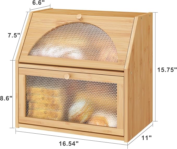Extra Large Bread Box for Kitchen Counter, Bamboo Wood Double Layer Bread Box for Kitchen Counter, Wooden Capacity Bread Storage Bin