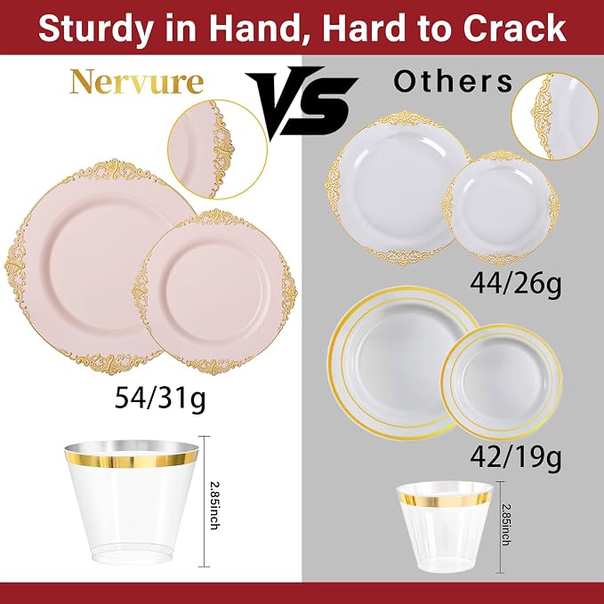 Nervure 175Pcs Pink Plastic Plates, Disposable Party Plates for 25 Guests | 25 7.5" Dessert & 25 10.25" Dinner Plastic Plates, 75 Gold Cutlery, 25 9oz Cups, 25 Napkin for Wedding & Party, BPA-free