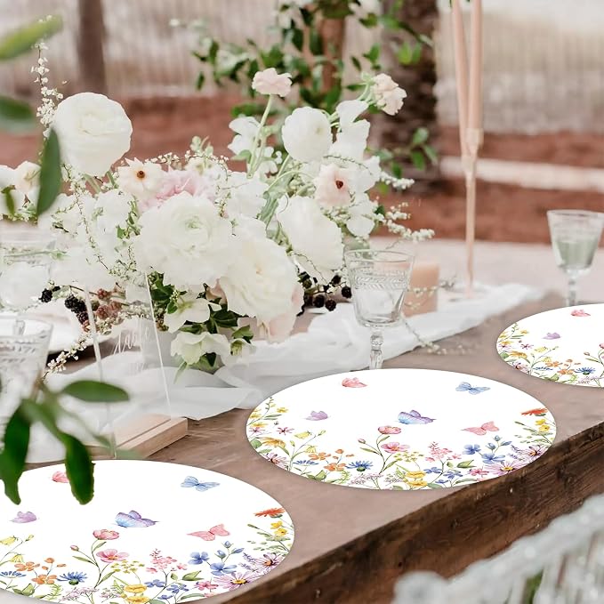 50PCS Spring Floral Placemats Disposable Wildflower Paper Placemats Summer Round Table Mats for Birthday Wedding Anniversary Bride Party Supplies