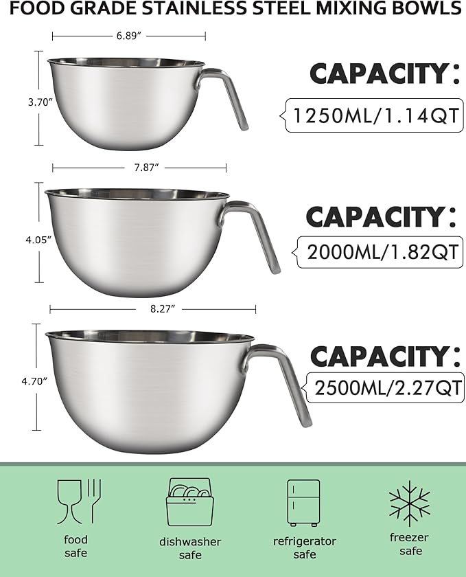3PCS Stainless Steel Mixing Bowls ,Nesting Bowls With Silicone Spatula | 304 food-grade steel, rust-resistant. 3 sizes:1.1/1.8/2.3qt for mixing, salads, melting. Dishwasher & freezer safe