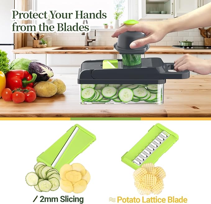 12-in-1 Vegetable Chopper 7 Blades, Veggie Cutter with Handle, Green/Grey | Stainless Steel Blades, Food Container and Lid, Dicer, Slicer, Julienne, Egg Separator, Non-slip Base, Include Cleaning Tools