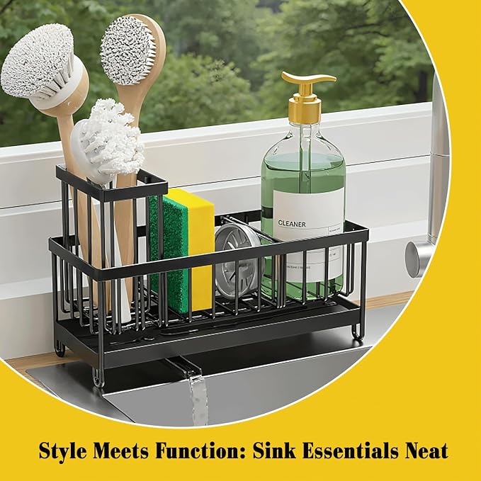 Sponge Holder for Kitchen Sink,5 in 1 Rustproof Stainless Steel Sink Caddy with Washing Cloth & Adhesive Hooks, Kitchen Sink Organizer with High Brush Holder and Soap Holder for Kitchen Sink | Adjustable, Automatic Drainage