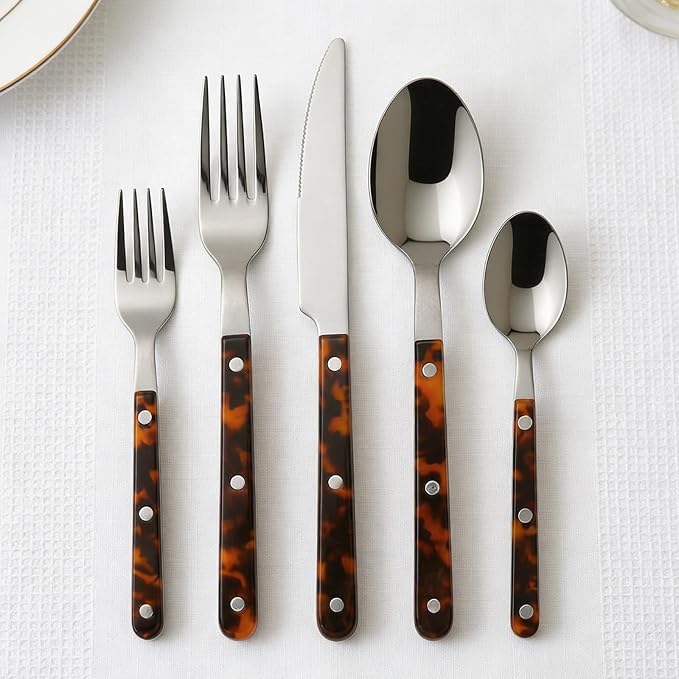 20-Piece Premium Cutlery ABS Handle, Stainless Steel Flatware Set Tortoise | Includes Forks, Knives, Spoons & Teaspoons, Complete Dining Set Perfect for Everyday Meals Dinner Parties & Special Occasions