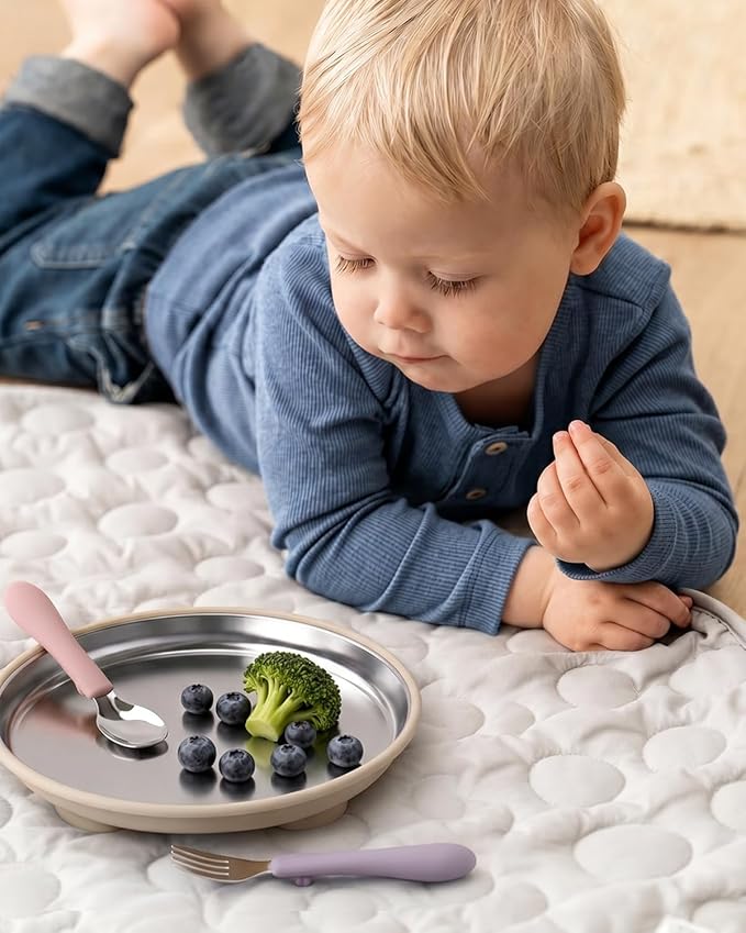 Bakpoco Stainless Steel Suction Plates for Baby, Kids Snack Dishes | 8" Stainless Steel Toddler Plates Open Kids Plate with Silicone Suction Non Toxic Dishwasher Safe Dinnerware Set of 3