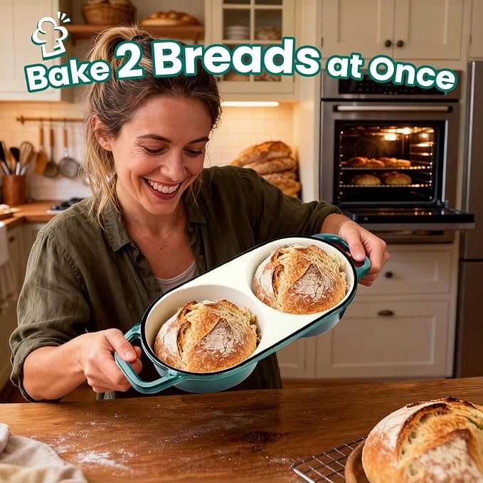 YONILL Mini Double Dutch Oven with Lid for Sourdough Bread Baking | Enameled Cast Iron Pot with Lid, 5" Banneton Bread Proofing Basket Include, Dual Round Bread Loaf Pan for Homemade Baking