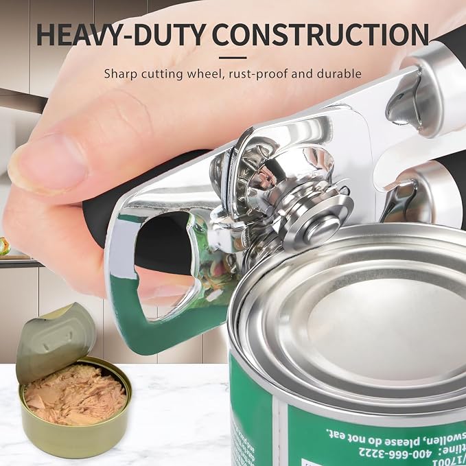 Safring Can Opener Manual, Heavy Duty Stainless Steel Smooth Edge Can Openers With Soft Touch Handle, Oversized Handheld Easy Turn Knob, Multi-Function Bottle Opener, Black