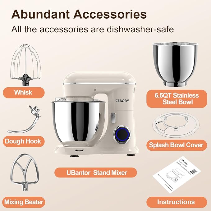 CEBORY 3-IN-1 Electric Stand Mixer, 6.5QT Bowl 660W 10-Speed Kitchen Mixer, Household Food Mixers include Dough Hook, Beater and Whisk, Bread Cake Mixer for Baking and Most Home Cooks, Almond Cream
