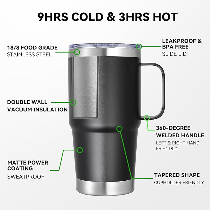 20 oz Stainless Steel Tumbler with Handle Bulk Metal Insulated Tumblers Travel Coffee Mug with Handle Double Wall Tumbler Cup with Lid and Straw, Black 6 Pack