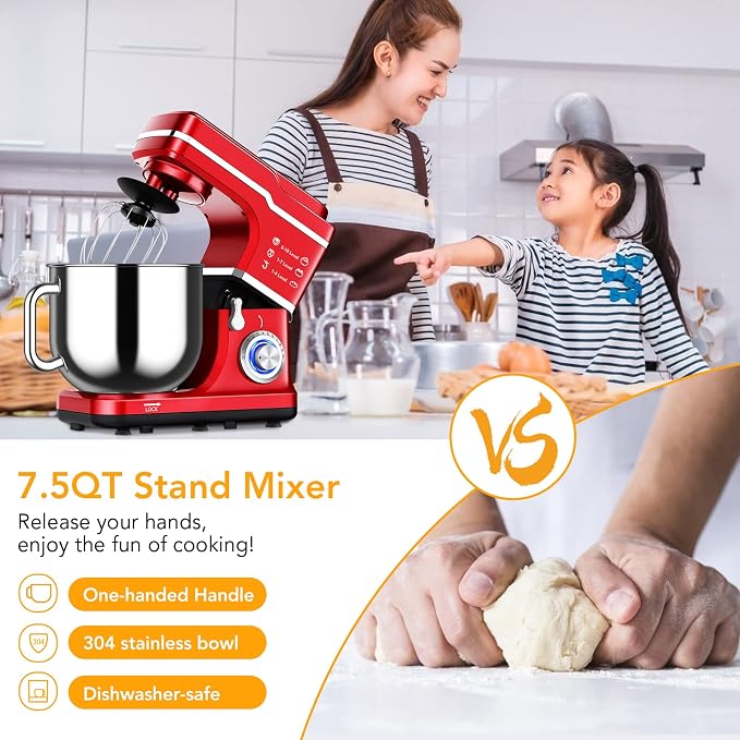Garvee 7.5 QT Stand Food Mixer, 10-Speed Tilt Head 3 in-1 Kitchen Electric Mixer with Stainless Steel Bowl, Egg Whisk, Dough Hook, Beater, Splash Guard, Compact Dough Mixer for Home Cooks, Red