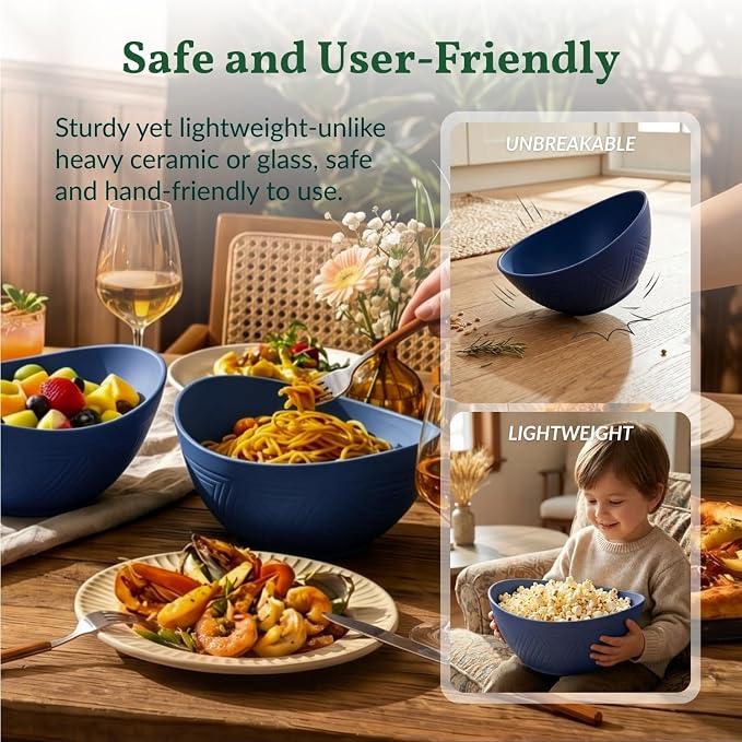 Wheat Straw Bowls, 9.6 inch Salad Bowls, Large Serving Dishes for Wedding Parties, Camping, 60 OZ Bowl Set for Salad, Popcorn, Oval Shape, Microwave & Dishwasher Safe, Set of 4, Dark Blue