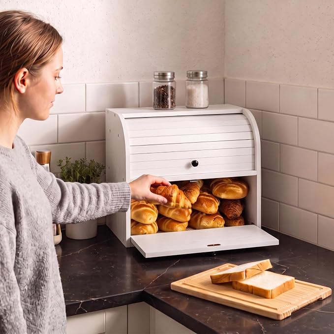 Alpeir Roll Top Bread Box with Cutting Board for Kitchen Countertop, White | Large Breadbox with Ventilation Holes, Double Layer Pantry Shelf, Wooden Homemade Bread Storage Container, Vintage Farmhouse