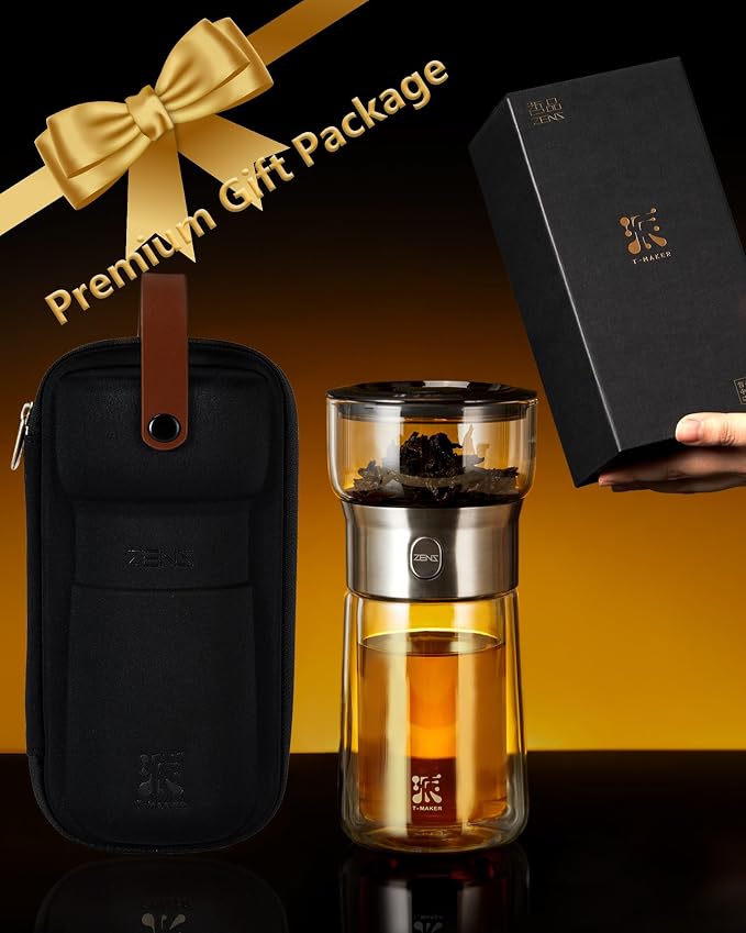 ZENS Modern Tea Infuser Teapot, One Touch Tea Maker for Loos Leaf Tea | Glass Magic Tea Pot, Mess free Tea Steeper with Insulated Mug, Portable Tea Infuser with Case for Tea Lovers