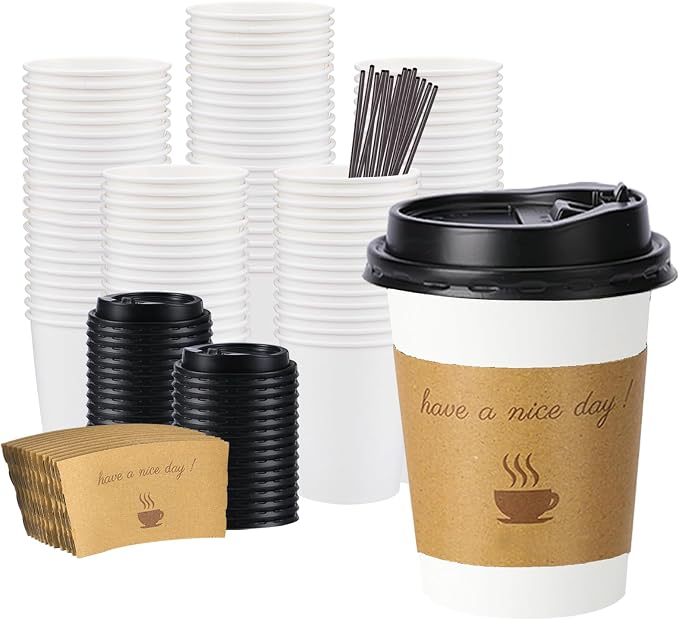 BYSNOW 100 pack 12 oz Disposable Coffee Cups with Lids Thickened Hot Cups | Scald Resistant Hot Cup with Sleeves and Stirring Sticks, To Go Coffee Cups for Home, Office, Cafes and Party (White 12oz)
