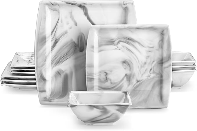 MALACASA Plates and Bowls Sets, 12-Piece Porcelain Dinnerware Sets for 4, Square Plates and Bowls for Dessert, Salad and Soup, Ceramic Dishes Dining Dishware Set, Marble Grey, Series Blance | Complete with Plates, Bowls, Cups, Saucers, Microwave Oven a...