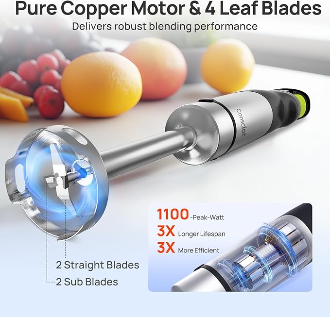 Consciot 10-in-1 Immersion Hand Blender Max 1100W, Trigger Speed Control | Entire Stainless Steel Blender Shaft, 800ml Beaker, 600ml Chopper, Beaters, Frothers, Hooks, Masher, Whisk & 600ml Cup