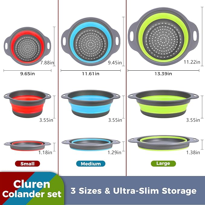 Collapsible Colander Set with Oversized Draining Tray | 3-Pack Foldable Kitchen Strainers + Base | Space Saving for Pasta, Veggies, Fruit & Rice | 5 Colors (Gray-Blue-Red-Green)