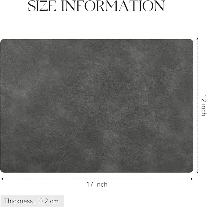 MOSAYT Vinyl Placemats Set of 4-12 X 17 Inch - Faux Leather 100% Waterproof Oil-Proof Wipeable PU Place Mats, Heat Resistant Reversible Table Mats for Kitchen, Dining, Outdoor, Dark Grey
